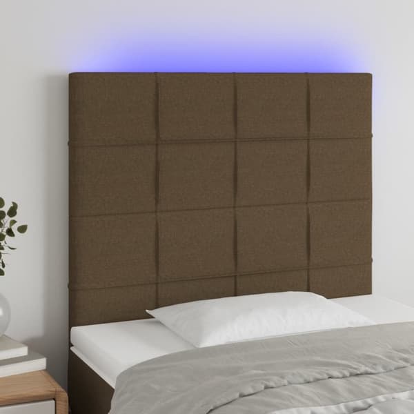 sengegavl med LED-lys 80x5x118/128 cm stof mørkebrun