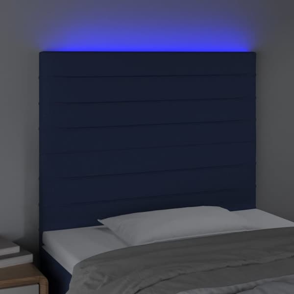 sengegavl med LED-lys 90x5x118/128 cm stof blå