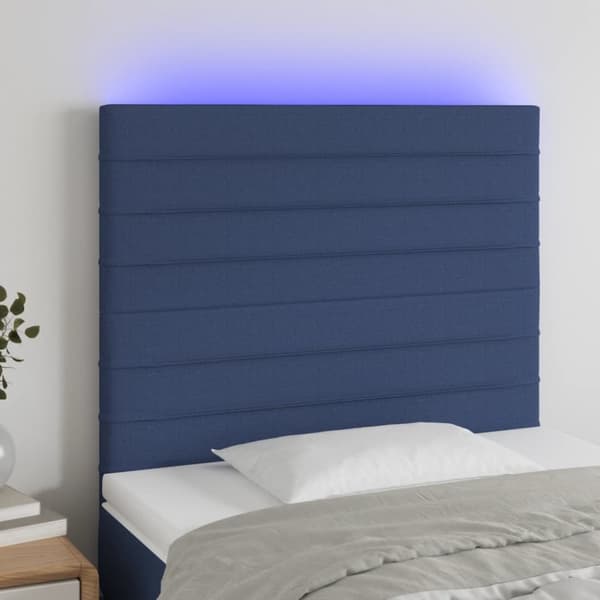 sengegavl med LED-lys 90x5x118/128 cm stof blå
