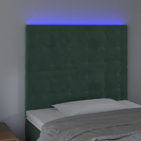 sengegavl med LED-lys 90x5x118/128 cm fløjl mørkegrøn
