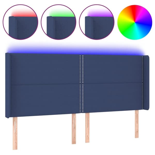 sengegavl med LED-lys 183x16x118/128 cm stof blå