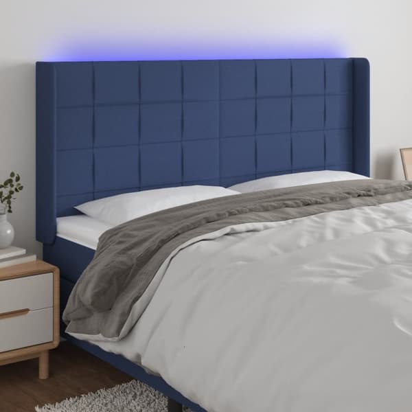 sengegavl med LED-lys 163x16x118/128 cm stof blå