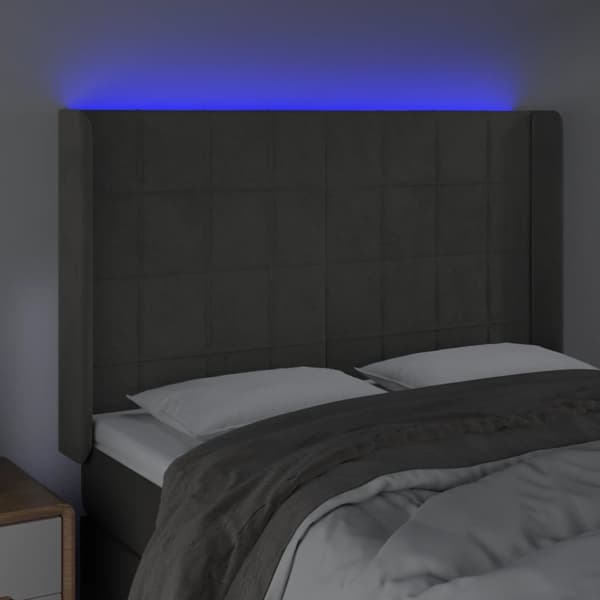 sengegavl med LED-lys 147x16x118/128 cm fløjl mørkegrå