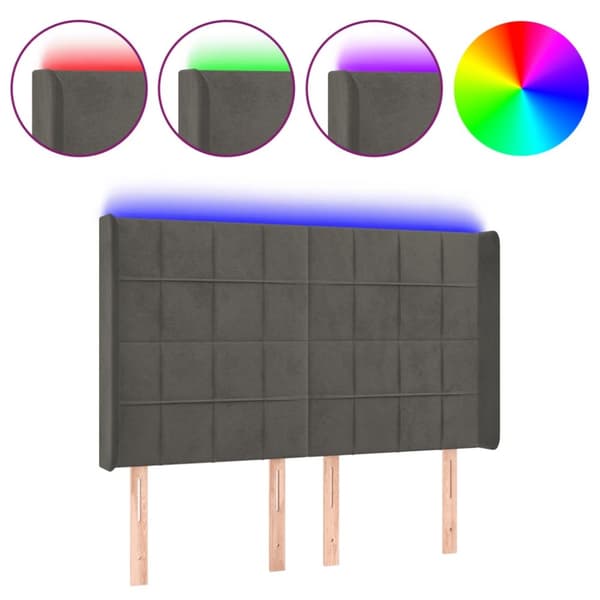 sengegavl med LED-lys 147x16x118/128 cm fløjl mørkegrå