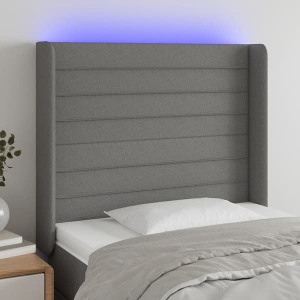 Sängyn pääty LED-valolla, tummanharmaa, 93x16x118/128 cm, kangas