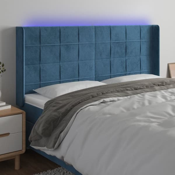 sengegavl med LED-lys 183x16x118/128 cm fløjl mørkeblå
