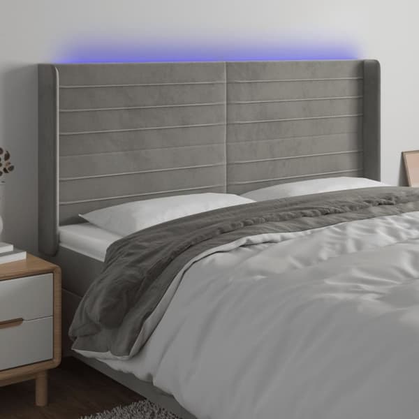 Sängyn pääty LED-valolla, vaaleanharmaa, 163x16x118/128 cm, sametti
