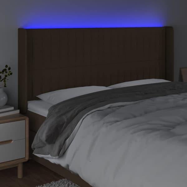 sengegavl med LED-lys 203x16x118/128 cm stof mørkebrun
