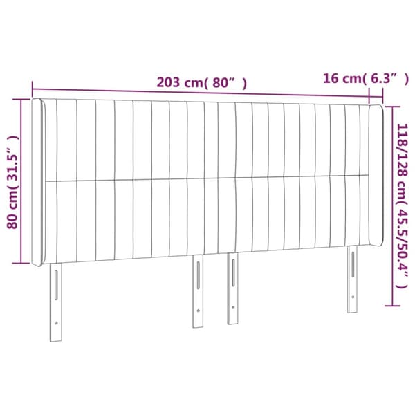sengegavl med LED-lys 203x16x118/128 cm stof mørkebrun