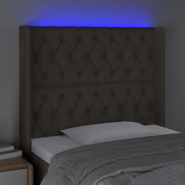 sengegavl med LED-lys 93x16x118/128 cm stof gråbrun