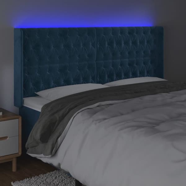 sengegavl med LED-lys 183x16x118/128 cm fløjl mørkeblå