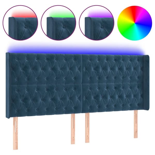 sengegavl med LED-lys 183x16x118/128 cm fløjl mørkeblå