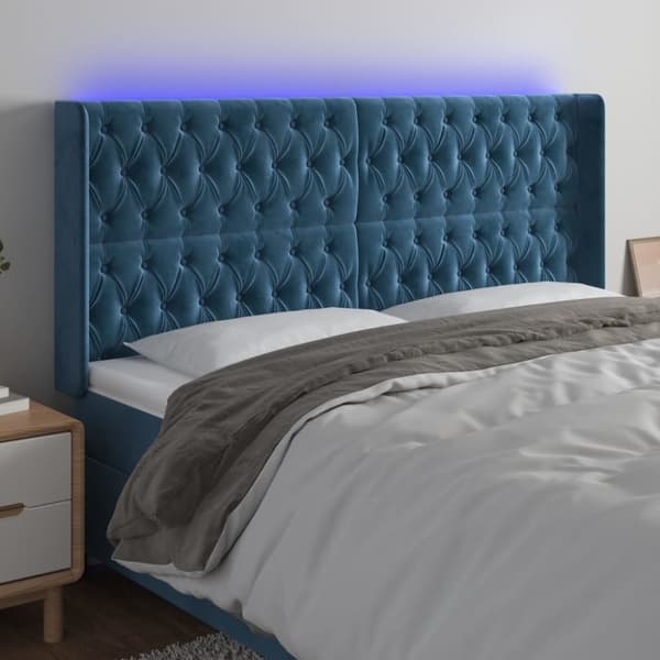sengegavl med LED-lys 183x16x118/128 cm fløjl mørkeblå