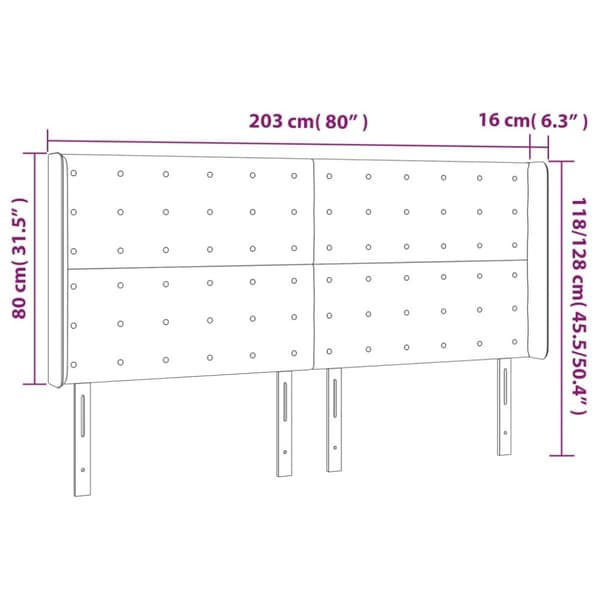 Sängyn pääty LED-valolla, musta, 203x16x118/128 cm, kangas