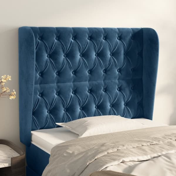 sengegavl med kanter 93x23x118/128 cm fløjl mørkeblå