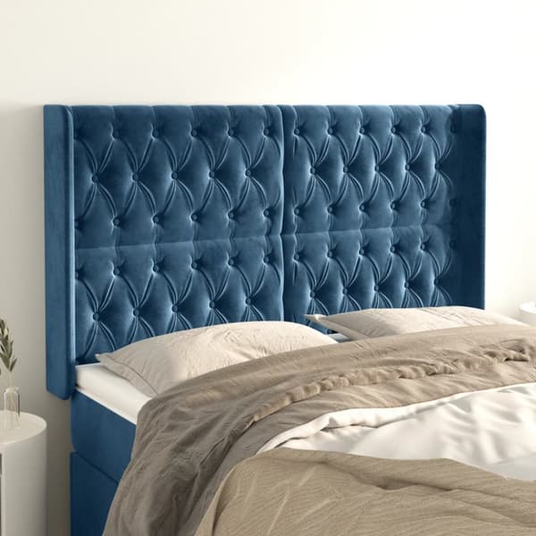 sengegavl med kanter 147x16x118/128 cm fløjl mørkeblå