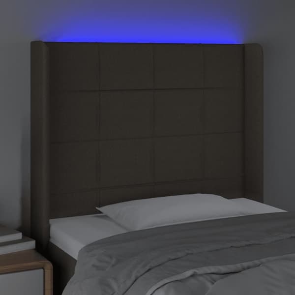 sengegavl med LED-lys 93x16x118/128 cm stof gråbrun