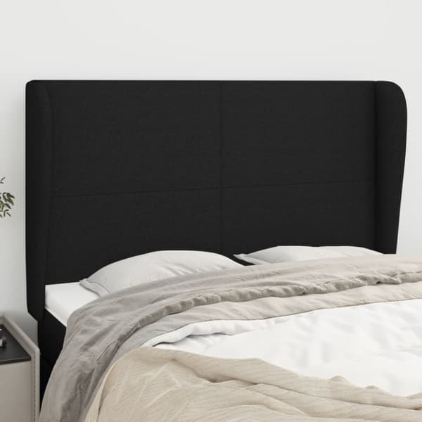 sengegavl med kanter 147x23x118/128 cm stof sort