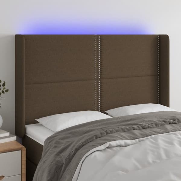 sengegavl med LED-lys 147x16x118/128 cm stof mørkebrun