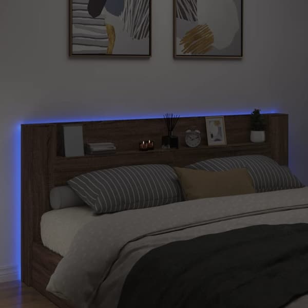 vidaXL sengegavl med opbevaring og LED-lys 220x16,5x103,5 cm brunt eg