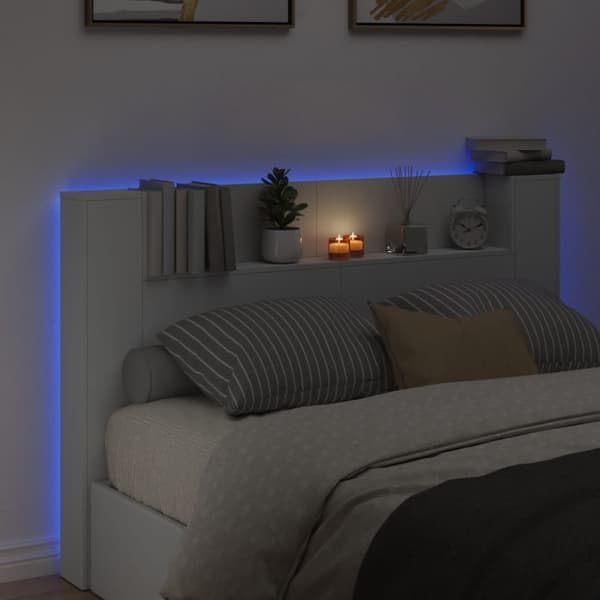 vidaXL Sängynpäätykaappi LED-valoilla valkoinen 160x16,5x103,5 cm