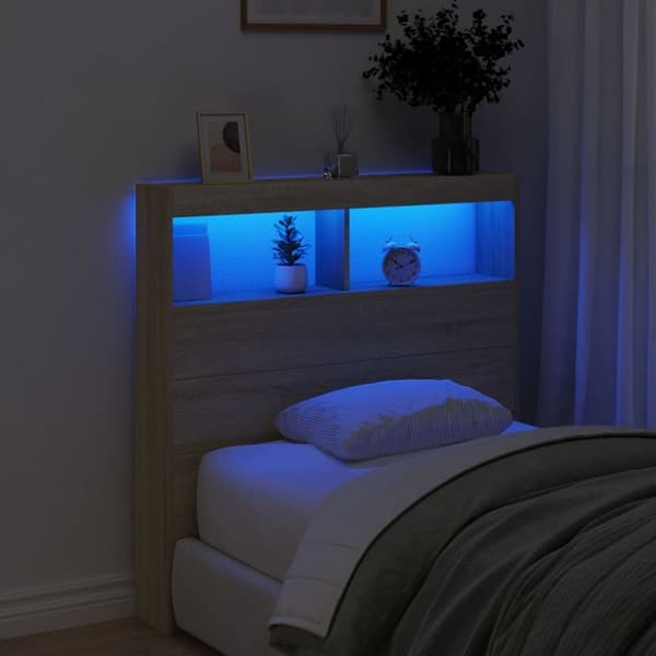 vidaXL Sängynpäätykaappi LED-valoilla Sonoma-tammi 100x17x102 cm