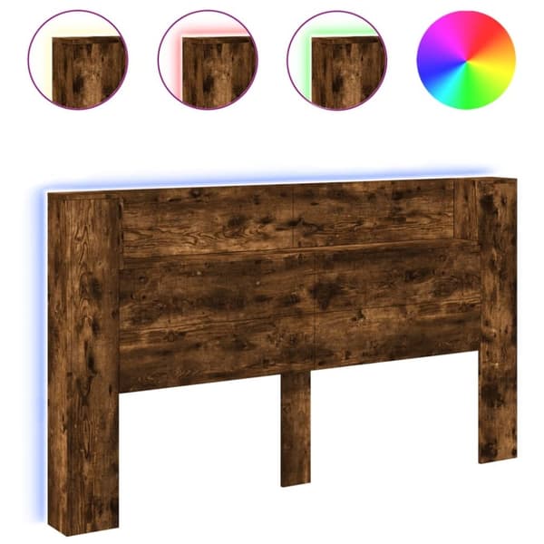 vidaXL sengegavl med opbevaring og LED-lys 180x16,5x103,5 cm røget eg