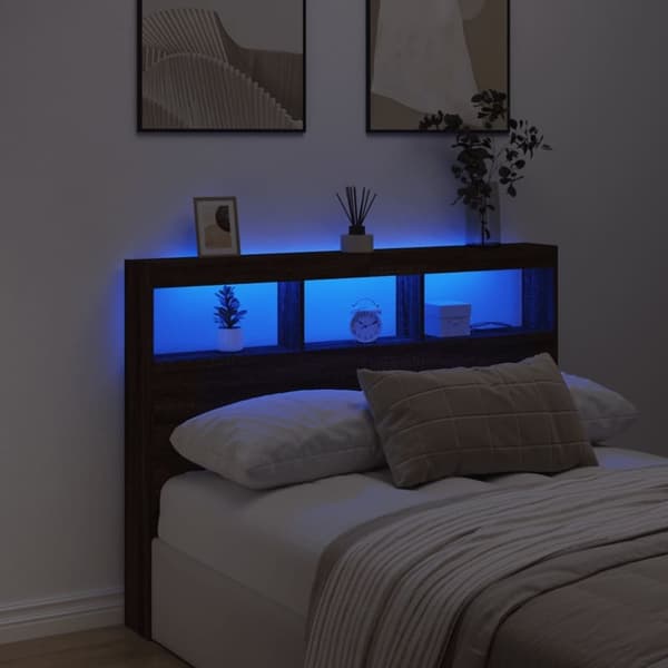 vidaXL sengegavl med opbevaring og LED-lys 140x17x102 cm brunt eg