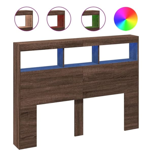 vidaXL sengegavl med opbevaring og LED-lys 140x17x102 cm brunt eg