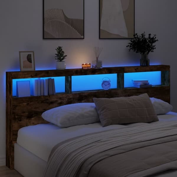 vidaXL Sängynpäätykaappi LED-valoilla savutammi 220x17x102 cm
