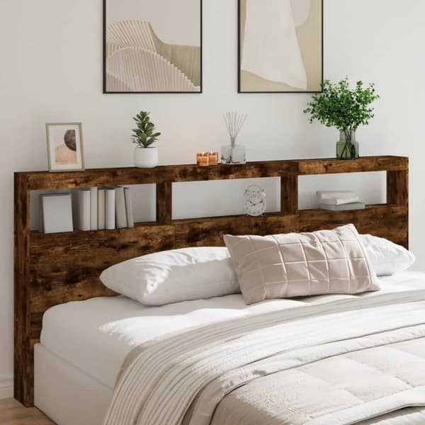 vidaXL Sängynpäätykaappi LED-valoilla savutammi 220x17x102 cm