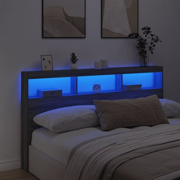 vidaXL sengegavl med opbevaring og LED-lys 180x17x102 cm grå sonoma-eg