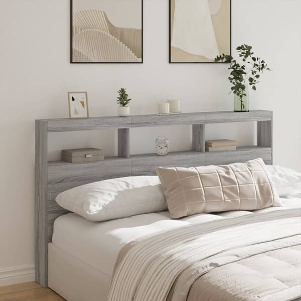 vidaXL sengegavl med opbevaring og LED-lys 180x17x102 cm grå sonoma-eg