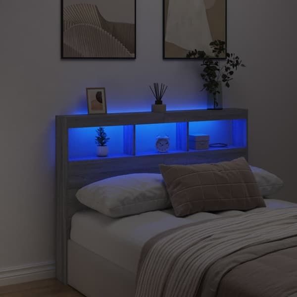 vidaXL Sängynpäätykaappi LED-valoilla harmaa Sonoma 140x17x102 cm