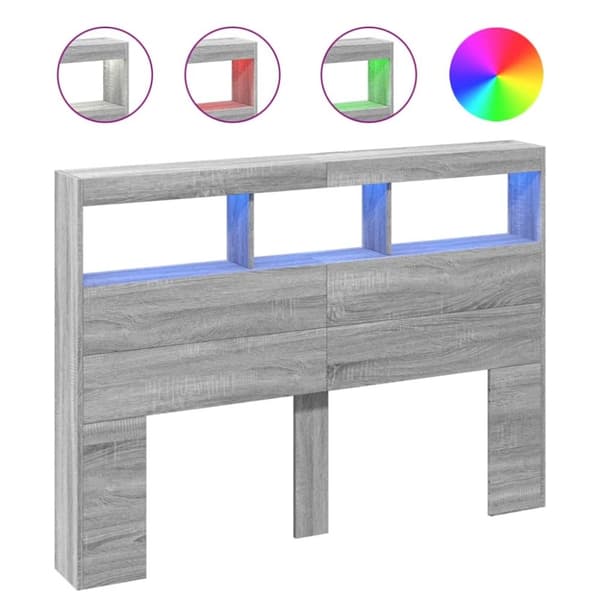 vidaXL Sängynpäätykaappi LED-valoilla harmaa Sonoma 140x17x102 cm