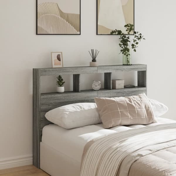 vidaXL Sängynpäätykaappi LED-valoilla harmaa Sonoma 140x17x102 cm