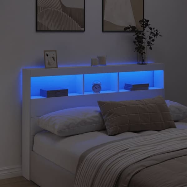vidaXL sengegavl med opbevaring og LED-lys 160x17x102 cm hvid
