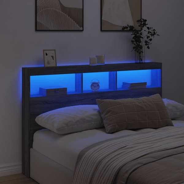 vidaXL Sängynpäätykaappi LED-valoilla harmaa Sonoma 160x17x102 cm