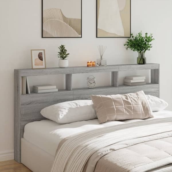 vidaXL Sängynpäätykaappi LED-valoilla harmaa Sonoma 200x17x102 cm