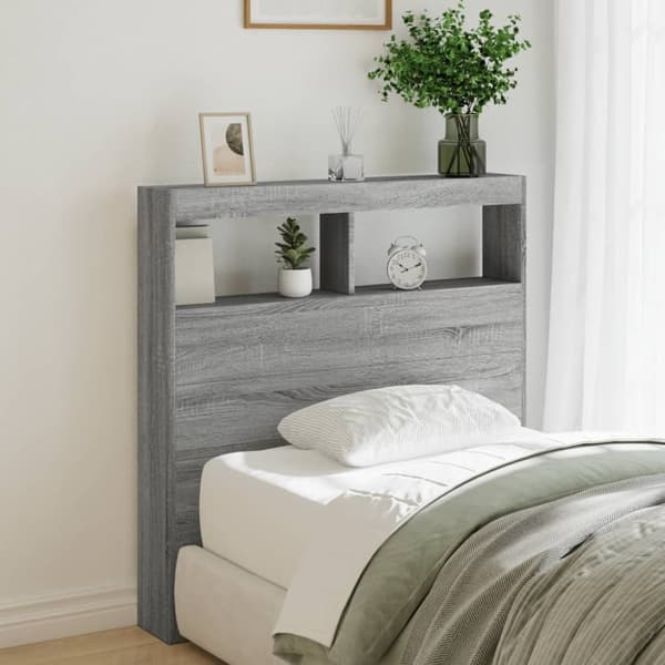 vidaXL sengegavl med opbevaring og LED-lys 100x17x102 cm grå sonoma-eg
