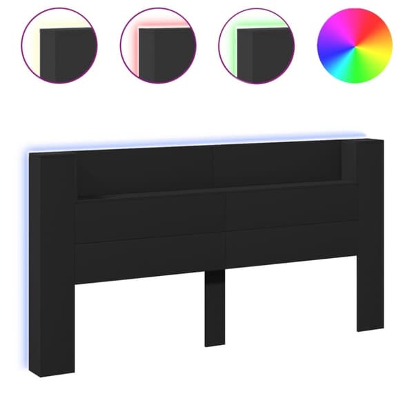 vidaXL Sängynpäätykaappi LED-valoilla musta 200x16,5x103,5 cm