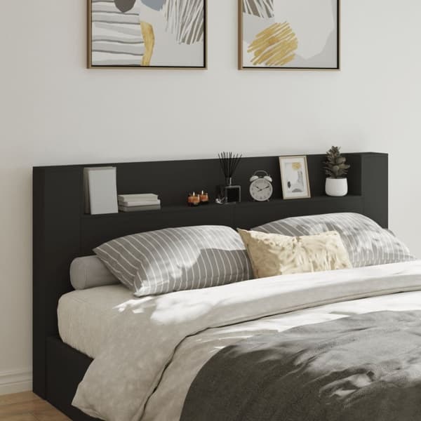vidaXL Sängynpäätykaappi LED-valoilla musta 200x16,5x103,5 cm