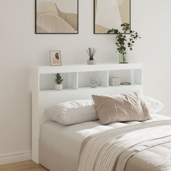 vidaXL sengegavl med opbevaring og LED-lys 140x17x102 cm hvid