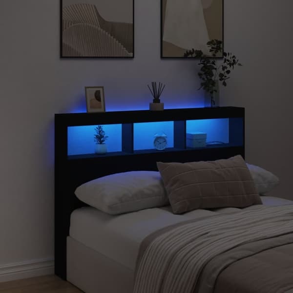 vidaXL Sängynpäätykaappi LED-valoilla musta 140x17x102 cm