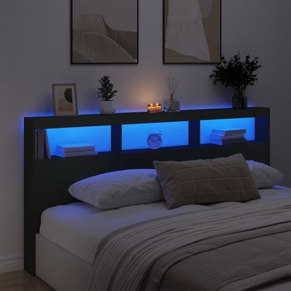 vidaXL sengegavl med opbevaring og LED-lys 200x17x102 cm sort