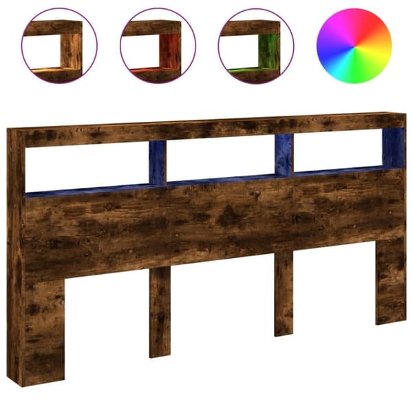 vidaXL Sängynpäätykaappi LED-valoilla savutammi 200x17x102 cm