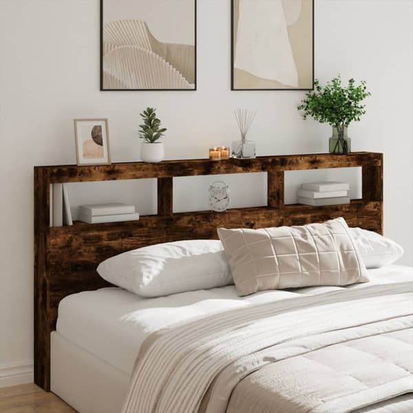 vidaXL Sängynpäätykaappi LED-valoilla savutammi 200x17x102 cm