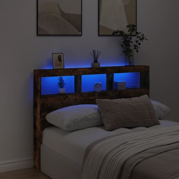 vidaXL sengegavl med opbevaring og LED-lys 140x17x102 cm røget eg