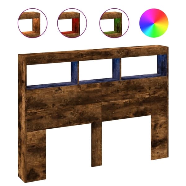 vidaXL sengegavl med opbevaring og LED-lys 140x17x102 cm røget eg