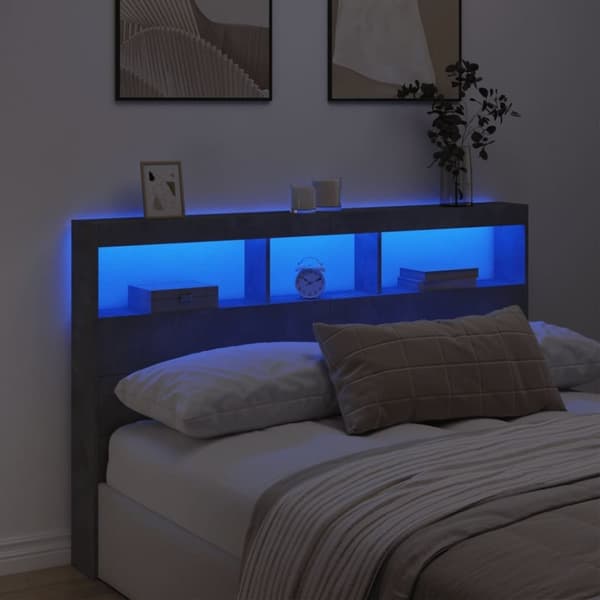 vidaXL Sängynpäätykaappi LED-valoilla betoninharmaa 160x17x102 cm